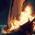Close-up of sail ship burning and sinking… 