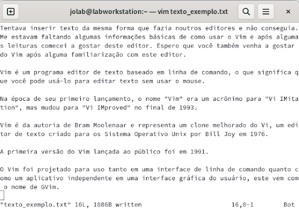 Documento texto_exemplo.txt criado e gravado no disco
