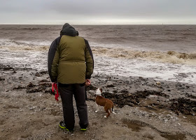 Photo of Ruby watching the waves with Phil