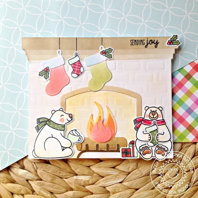 Sunny Studio Stamps: Fireplace Shaped Dies Playful Polar Bears Christmas Notepad by Franci Vignoli