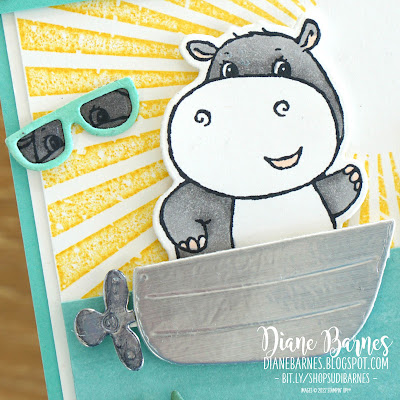 Handmade beach themed hippos birthday card made with Stampin Up Saleabration Hippest Hippos and Hippos dies, Rays of Light stamp, Palms dies. Card by Di Barnes - Independent Demonstrator in Sydney Australia - Saleabration 2022 - annual catalogue 2022-2023 - stampinupcards - colourmehappy