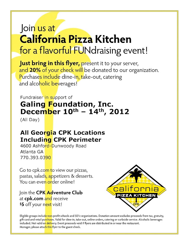 Dec. 10-14: California Pizza Kitchen fundraising partnership program with Galing Foundation, Inc. 