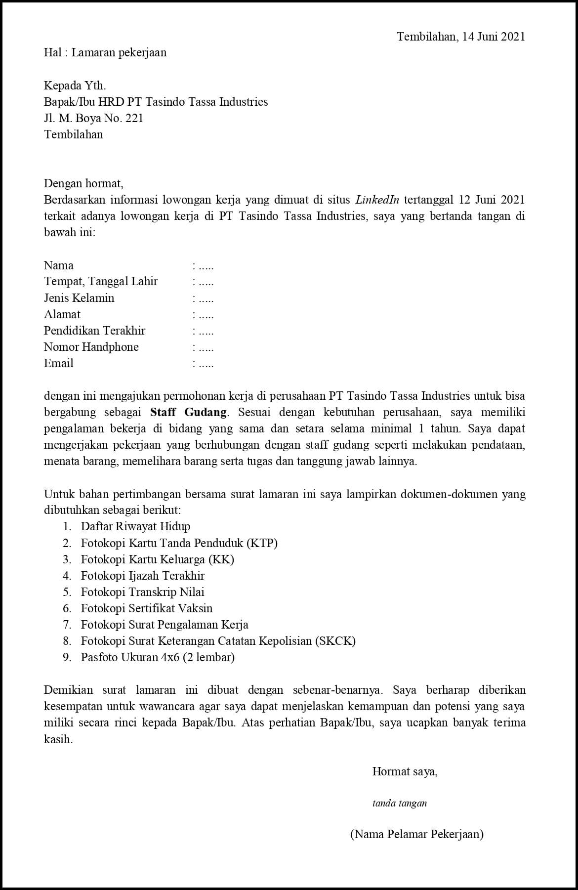 Contoh Application Letter Staff Gudang Yang Sudah Berpengalaman Berdasarkan Informasi Dari Website atau Situs