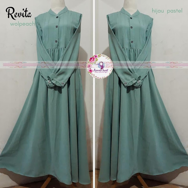 Gamis Revita wolpeach warna hijau kancing depan