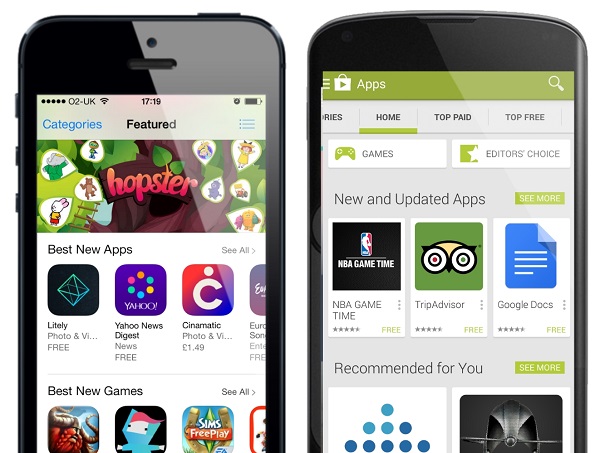 perbedaan tampilan App Store dan Google Play