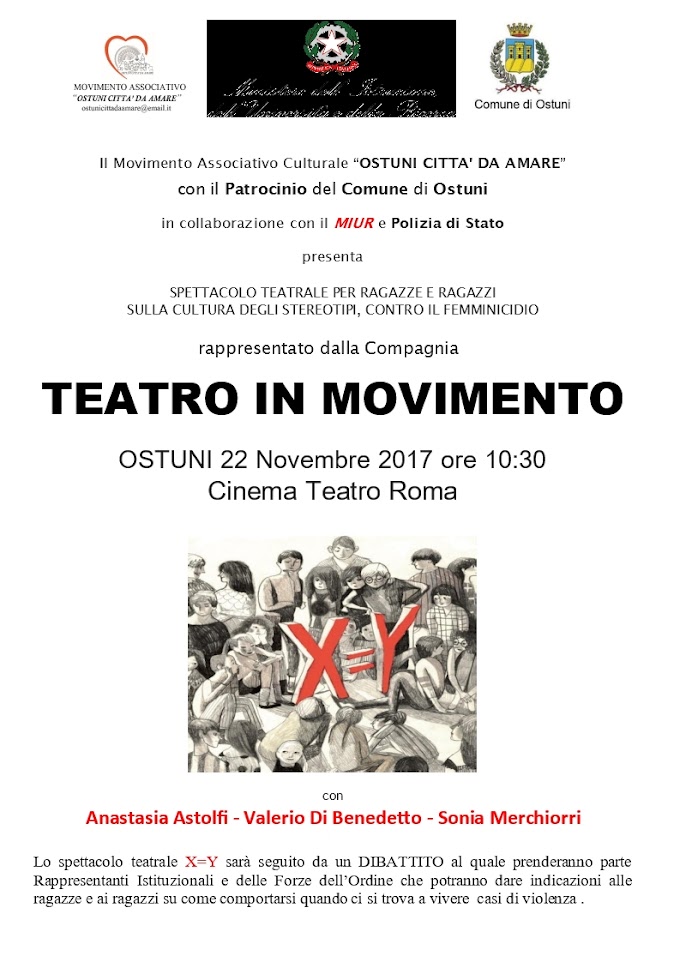 Ostuni: mercoledì 22 novembre al Teatro Roma lo spettacolo teatrale 'X = Y'