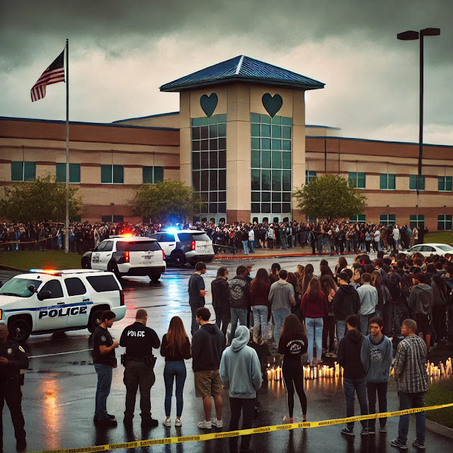 A large crowd of people, mostly teenagers, are gathered outside a school building with a blue roof and heart-shaped windows. Police vehicles with flashing lights are parked in front, while police officers stand nearby. A group of individuals holds a candlelight vigil, with candles placed on the wet pavement. Yellow police tape cordons off part of the area. The atmosphere appears somber, with overcast skies adding to the mood of the scene. The American flag is visible flying at half-mast, indicating a memorial or tragic event.