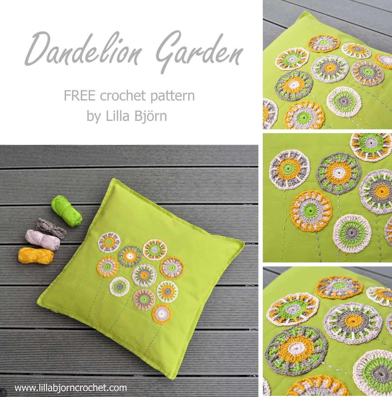 Dandelion Garden pillow - free overlay crochet pattern by Lilla Bjorn