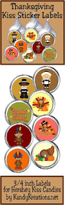 Decorate your Thanksgiving Table with these cute printable Kiss labels.  With pilgrims, Indians, and cute Turkeys your guests will love eating these sweet treats, especially if added to our Thanksgiving Turkey place cards.