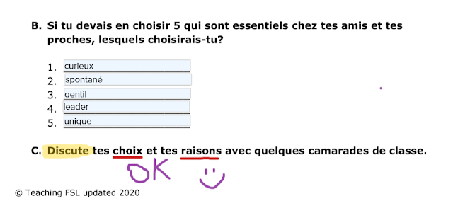 Screenshot of sample student digital work in Pre-reading activity for Au pas camarade