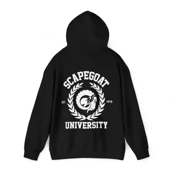 a black hoodie with white text on it saying Scapegoat University