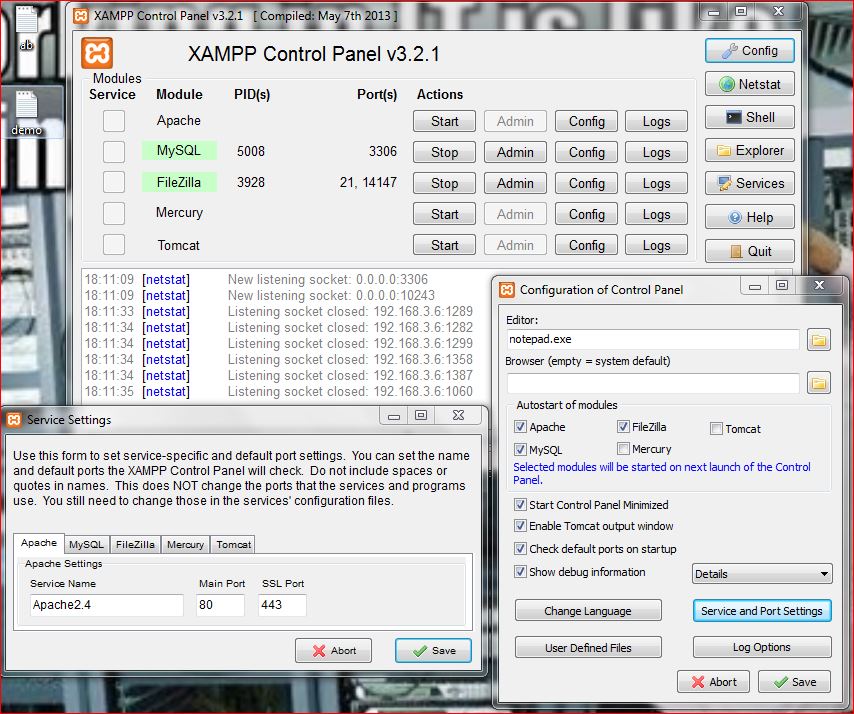 xampp > control panel > apache  > Config > Service and Port Setings