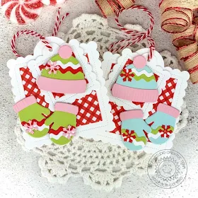 Sunny Studio Stamps: Hats & Mittens Holiday Gift Tags by Angelica Conrad (using Warm & Cozy Dies, Scalloped Square Tag Dies and Holiday Cheer 6x6 Paper)