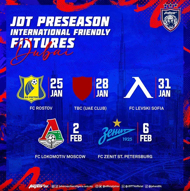 Jadual perlawanan persahabatan Pramusim JDT 2023