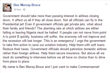 The alarming rate at which airlines are either failing or leaving Nigeria must be halted" - Ben Murray-Bruce