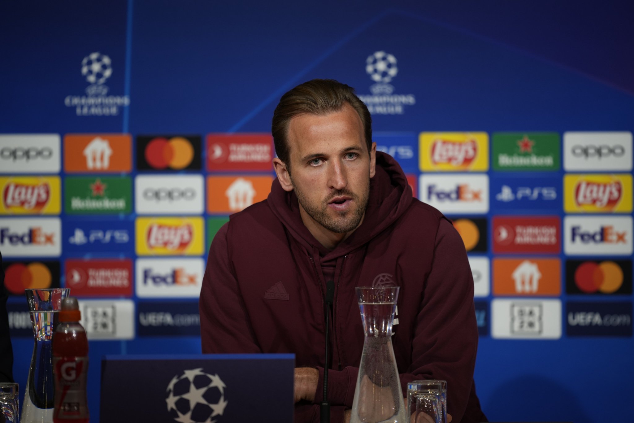 English forward, Harry Kane, at a press conference ahead of the Uefa Champions League 2023/24 quarter final second leg between Bayern Munich and Arsenal at Allianz Arena, Munich, Germany on Wednesday 17 April, 2024