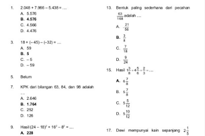 Soal Prediksi US SD Tahun 2016 Mapel Matematika