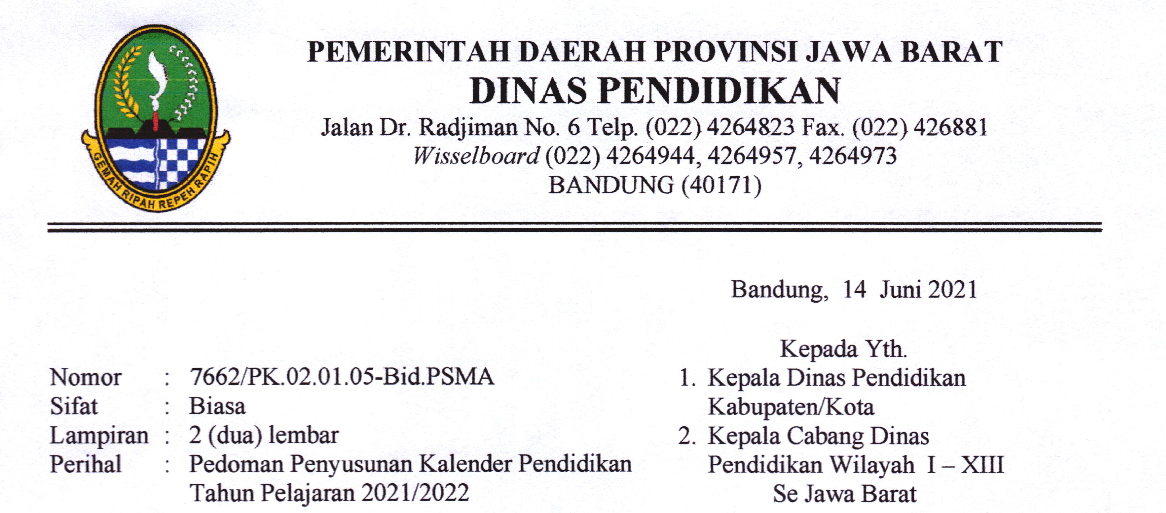 Kalender Pendidikan (Kaldik) Provinsi Jawa Barat Tahun Pelajaran 2021/2022