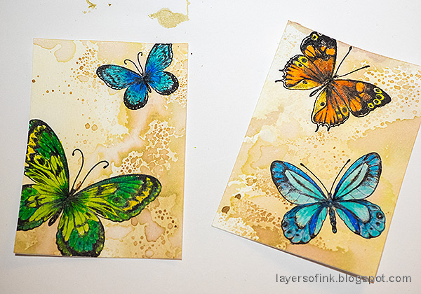 Layers of ink - Butterfly Artist Trading Cards Tutorial by Anna-Karin Evaldsson. Color with Prismacolor pencils.