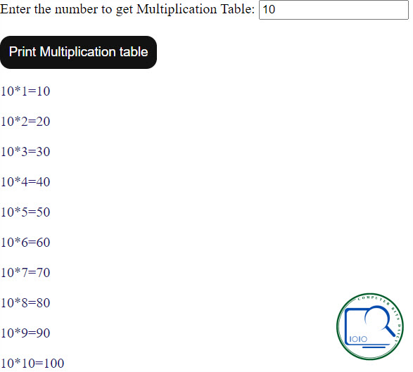 JavaScript and HTML code to print multiplication table of given number - Practical [ SWPD 4311603 ]