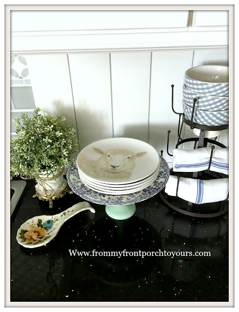 Farmhouse -Cottage- Kitchen-DIY-Tongue-And-Groove-Backsplash-Black Silestone-Sheep Plates-Kitchen Vignettes-From My Front Porch To Yours
