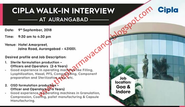 Cipla | Walk-In for Production | 9th September 2018 | Aurangabad