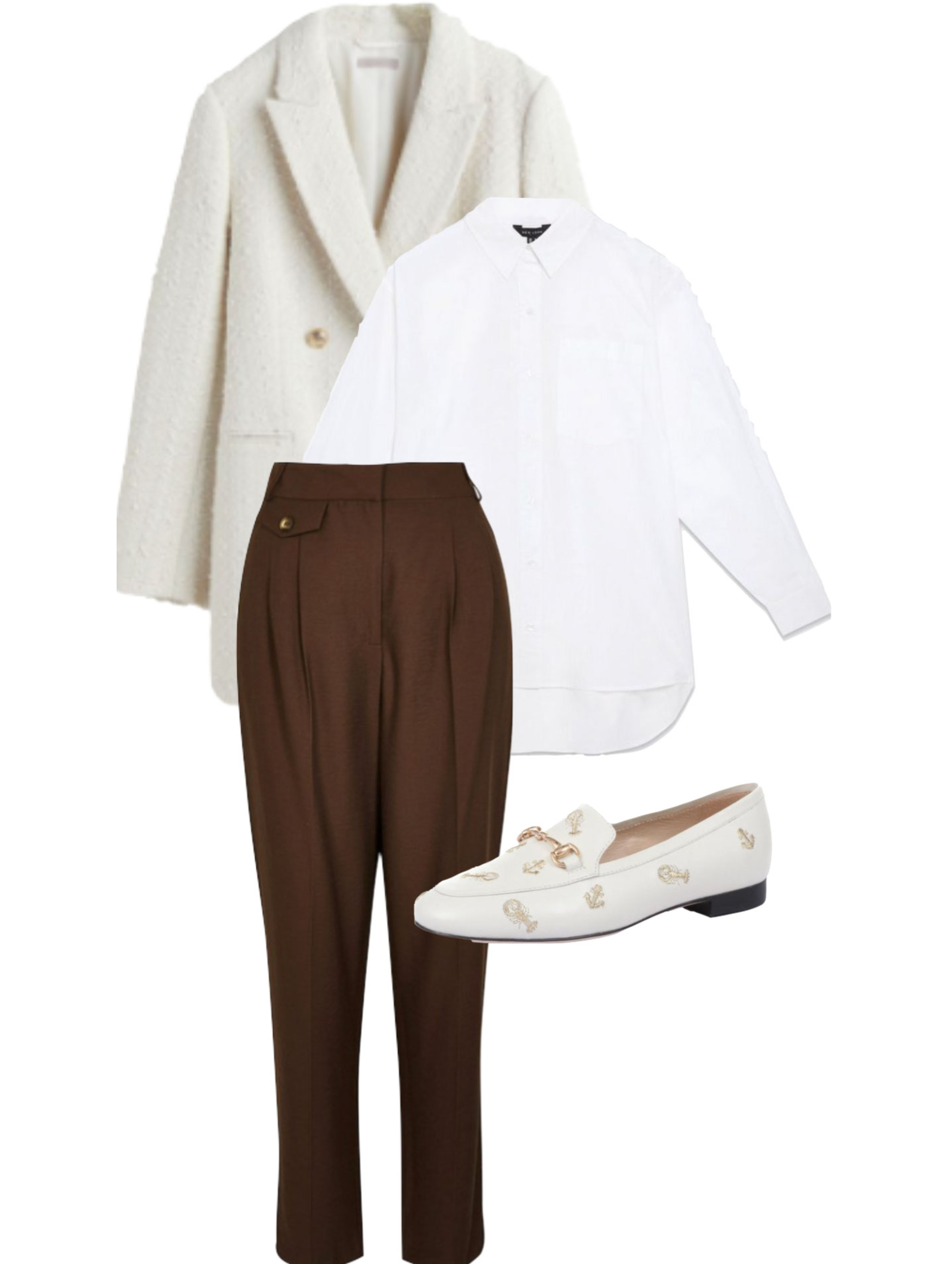 boucle-blazer-white-shirt-brown-trousers-loafers-spring-workwear-outfit-collage