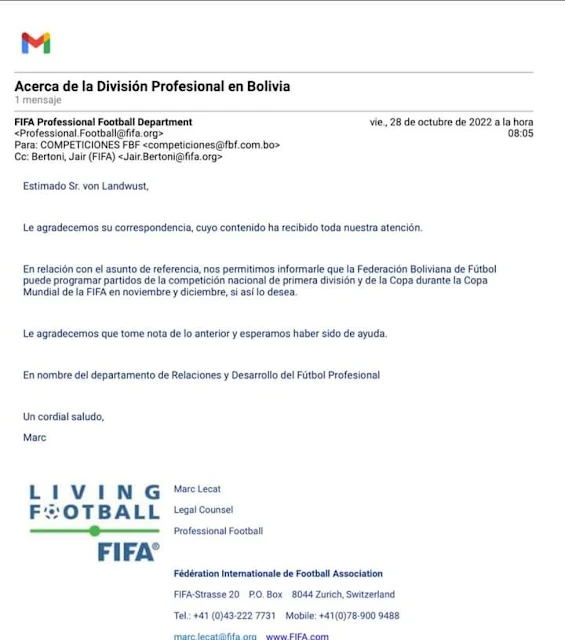 La FIFA autoriza a la FBF para que se jueguen partidos en Noviembre y Diciembre