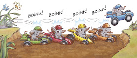 Image of four mice racecars stuck in a muddy ditch.  A fifth mouse in a blue racecar skips over them to a grassy bank. 