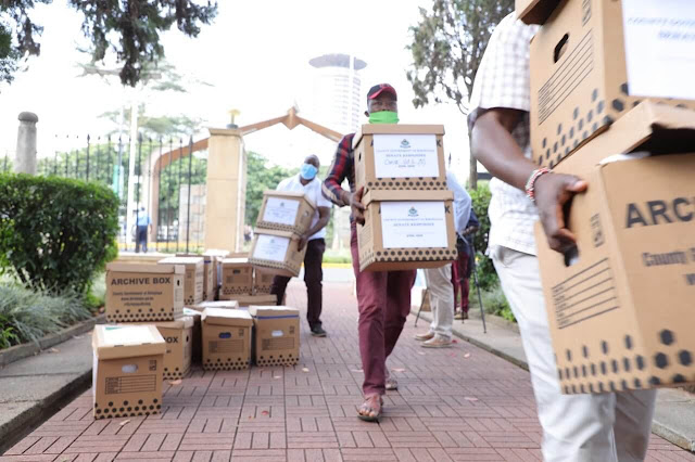 Kirinyaga Governor Anne Waiguru Case files boxes presented at the Senate