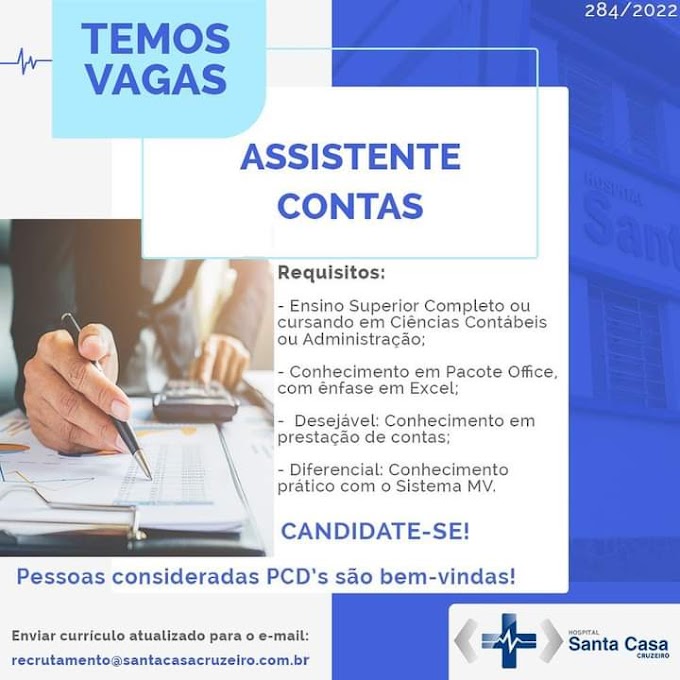 Vaga de Assistente Contas -  Santa Casa de Cruzeiro/SP