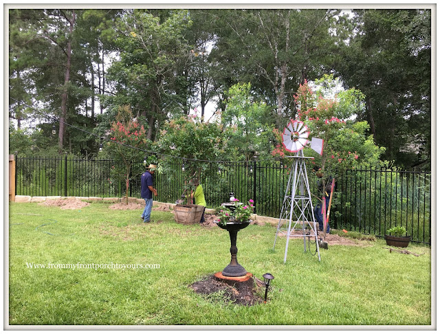 Backyard Landscape-Crape Myrtles-Windmill- White Garden Arbor-From My Front Porch To Yours