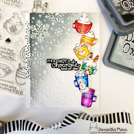 Hot Chocolate Kind of Day Card by Samantha Mann  | Cup of Cocoa Stamp Set and Snowfall Stencil by Newton's Nook Designs #newtonsnook