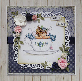 Blue floral vintage style card using Edna's cup of tea by Stamping Bella