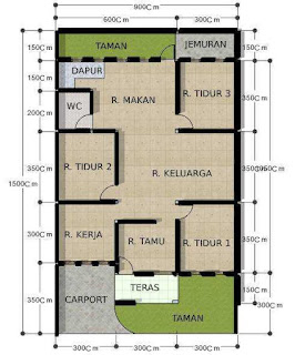 Desain Denah Rumah 9x12 Mewah 3 Kamar