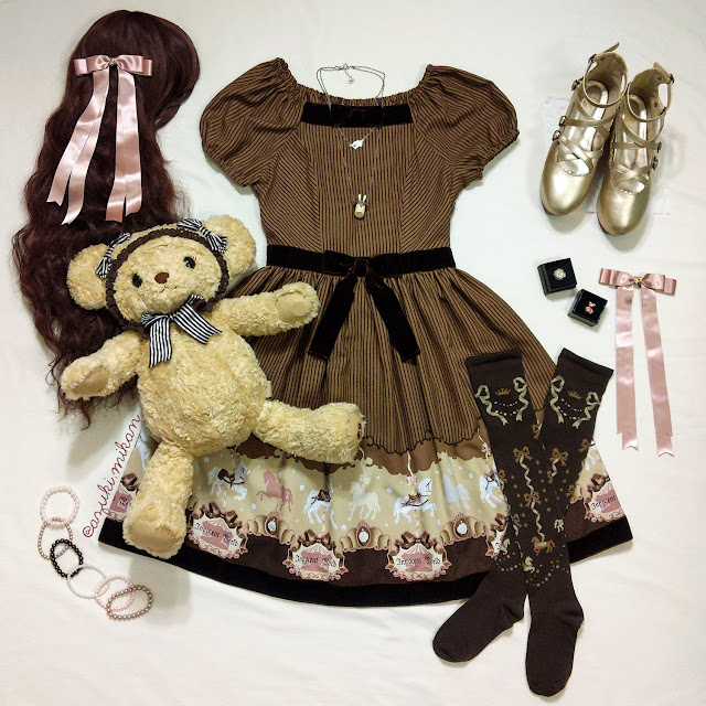 lolita fashion flatlay coordinate featuring Merry Go Round OP in brown from Innocent World