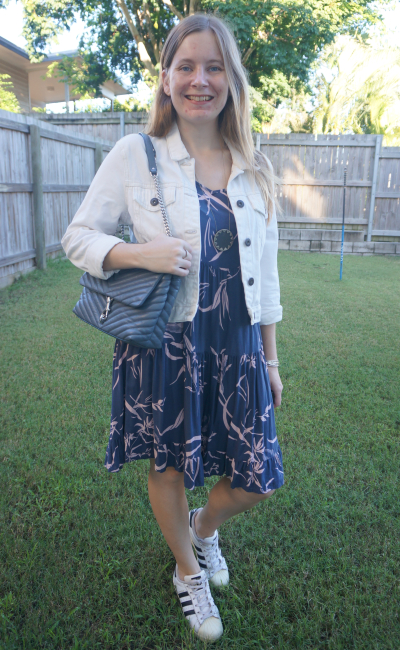 white denim jacket adidas superstar sneakers blush and blue tiered sundress in autumn with rebecca minkoff edie bag | awayfromblue