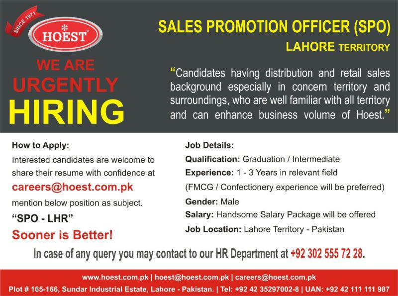 Hoest Pakistan Limited Jobs 2021 For Sales Promotion Officer Post
