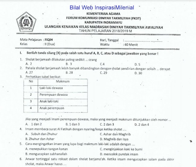 Download Soal UKK Madrasah Diniyah Takmiliyah Awaliyah (MDTA) Mapel Fiqih Kelas 2 Tahun 2018-2019 M