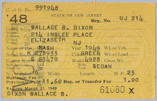 1948 NJ Vehicle Registration for 1949 Nash Sedan owned by W.B. Dixon.