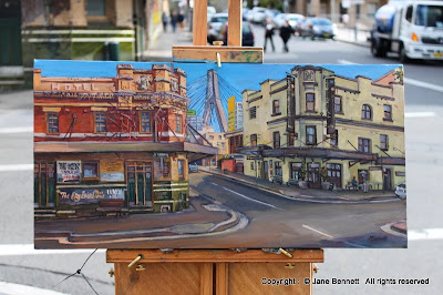 plein air oil painting of the Terminus Hotel and the Point Hotel, Harris Street Pyrmont painted by industrial heritage artist Jane Bennett