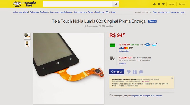 Anúncio da tela do lumia 620 que comprei no Mercado Livre