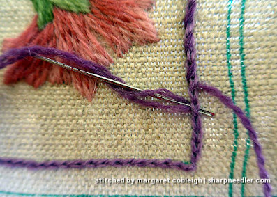 Crewel Sampler (by Elsa Williams): Detail of whipped chain stitch