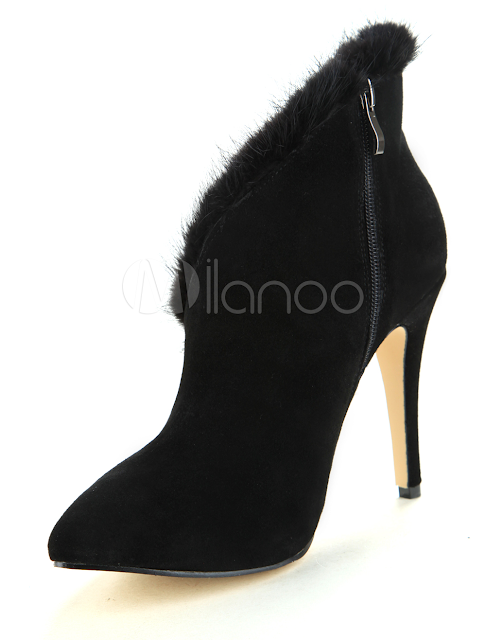 China Wholesale Shoes - 3 9/10'' High Heel Fashion Black Sheepskin Suede Mid Calf Boots