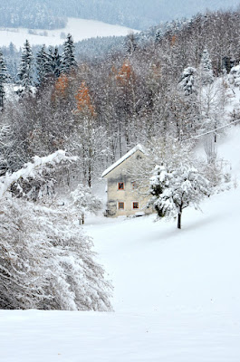 Bild einer tief verschneiten Winterlandschaft, ein Haus ist zu sehen.