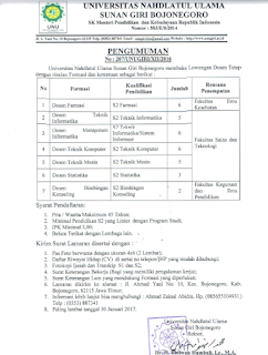  Info lowongan dosen terbaru bulan Januari  Lowongan Dosen Universitas Nahdlatul Ulama Sunan Giri Bojonegoro 2017