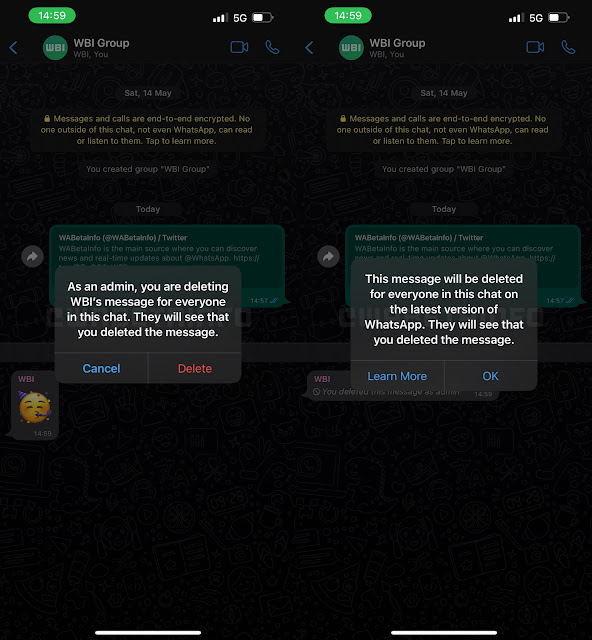 يمكن لمسؤولي مجموعة واتساب حذف أي رسالة للجميع في أحدث إصدار تجريبي