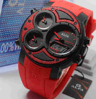 jam tangan Alfa original 047 Red rubber ring black