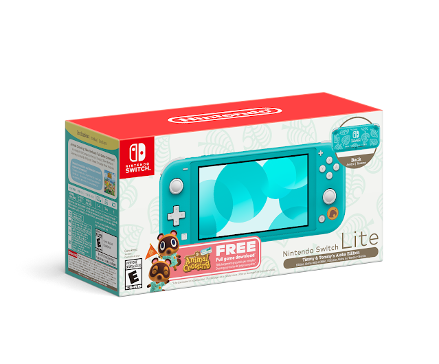 Foto da embalagem do conjunto do Nintendo Switch Lite azul com Animal Crossing: New Horizons.