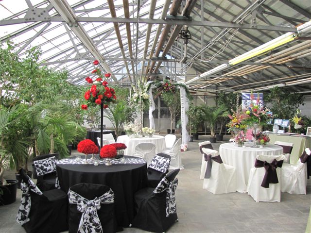 Beautiful all red arrangements on black and white linen